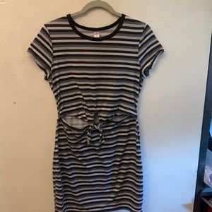 No boundaries white, black, navy striped dress with front mid tie